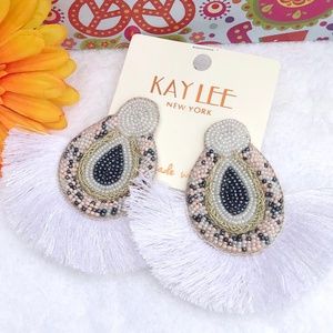 Large Boho Seed Bead Fan Tassel Post Drop Earrings